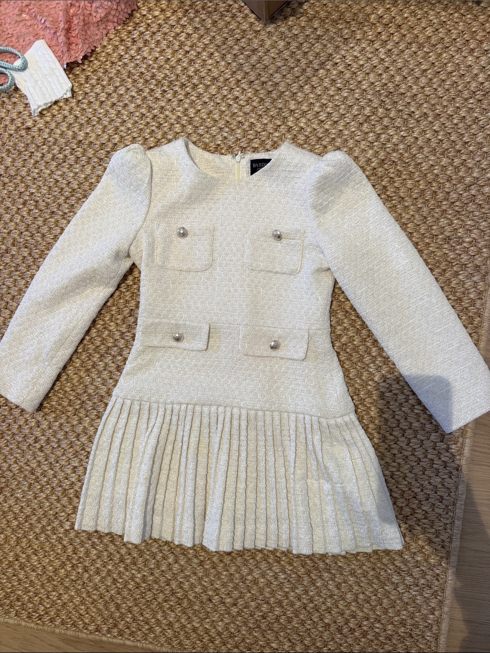 Bardot Cream Textured Long-Sleeve Pleated Hem Dress